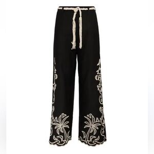 1097.Elegant Black and Cream Embroidered Linen blend Pants $156